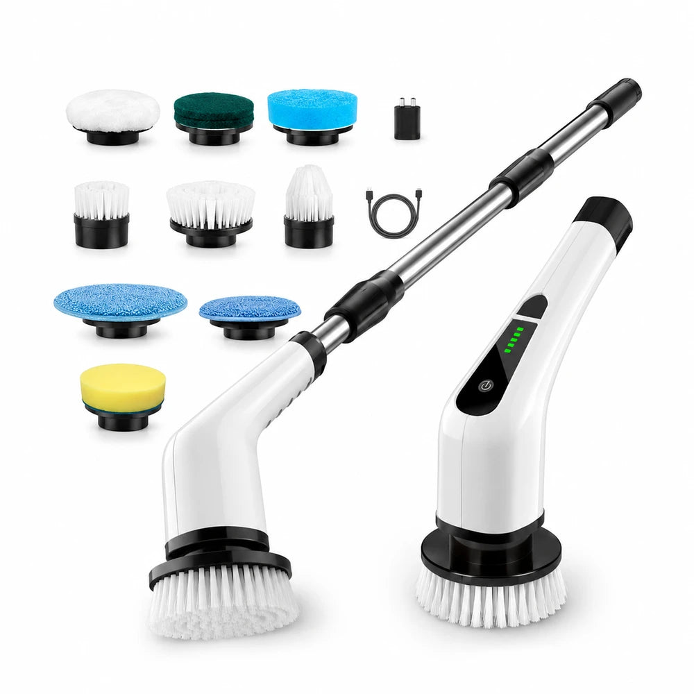 Perie electrică rotativă fără fir, cu mâner extensibil și 9 capete