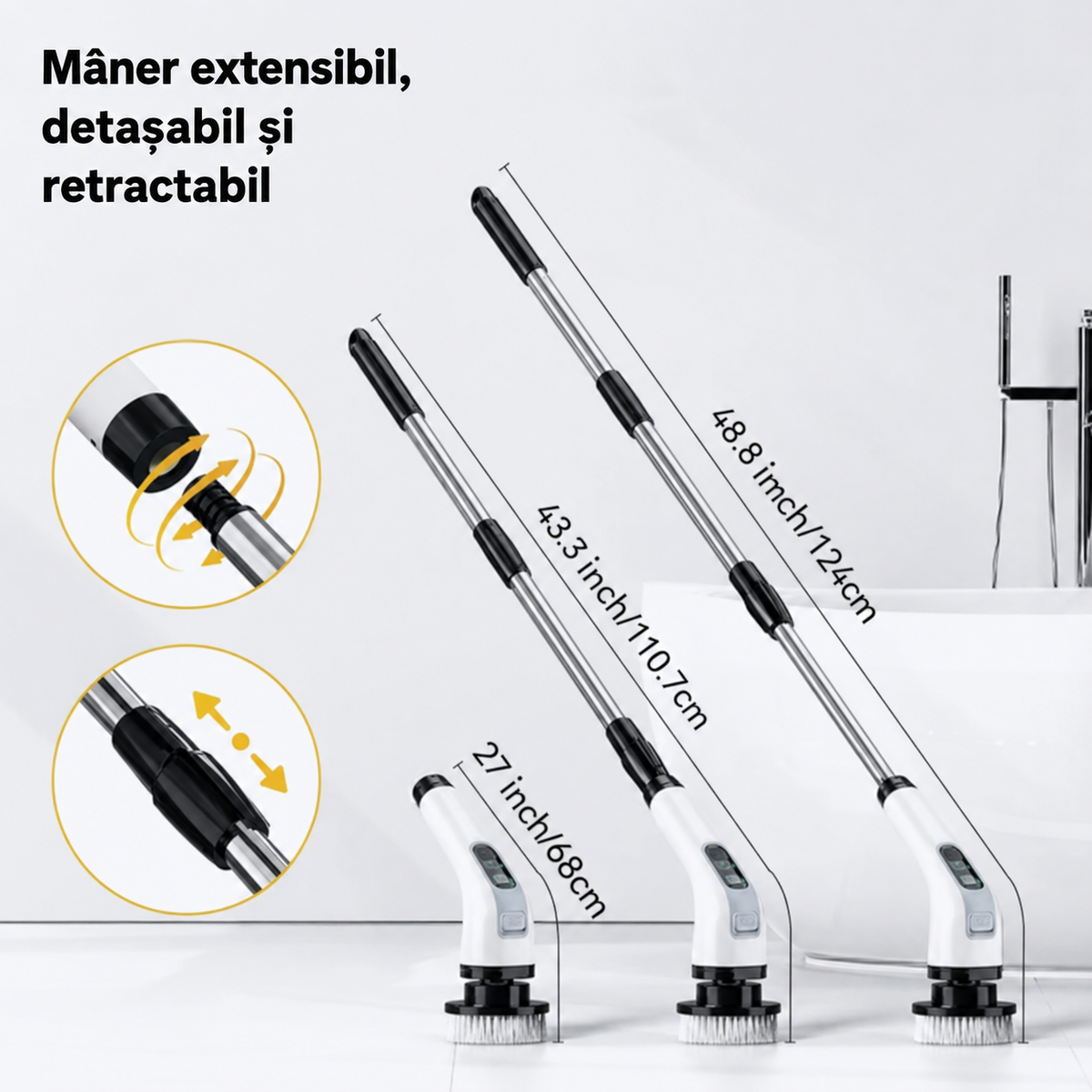 Perie electrică rotativă fără fir, cu mâner extensibil și 9 capete