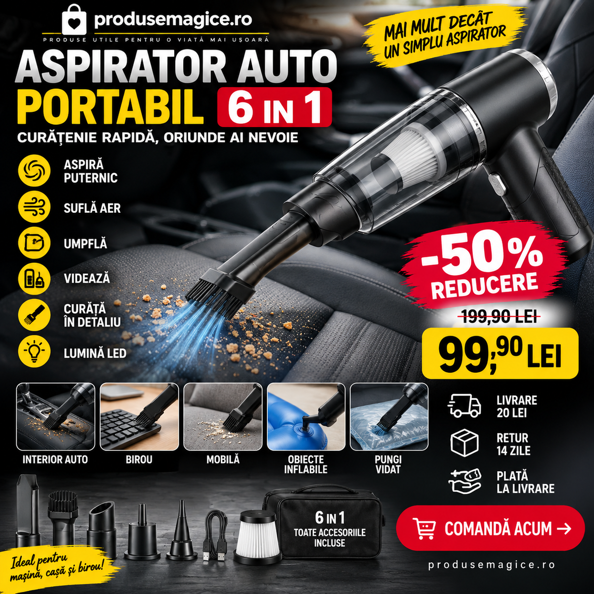 Aspirator Auto Portabil Cu Baterie 6 in 1