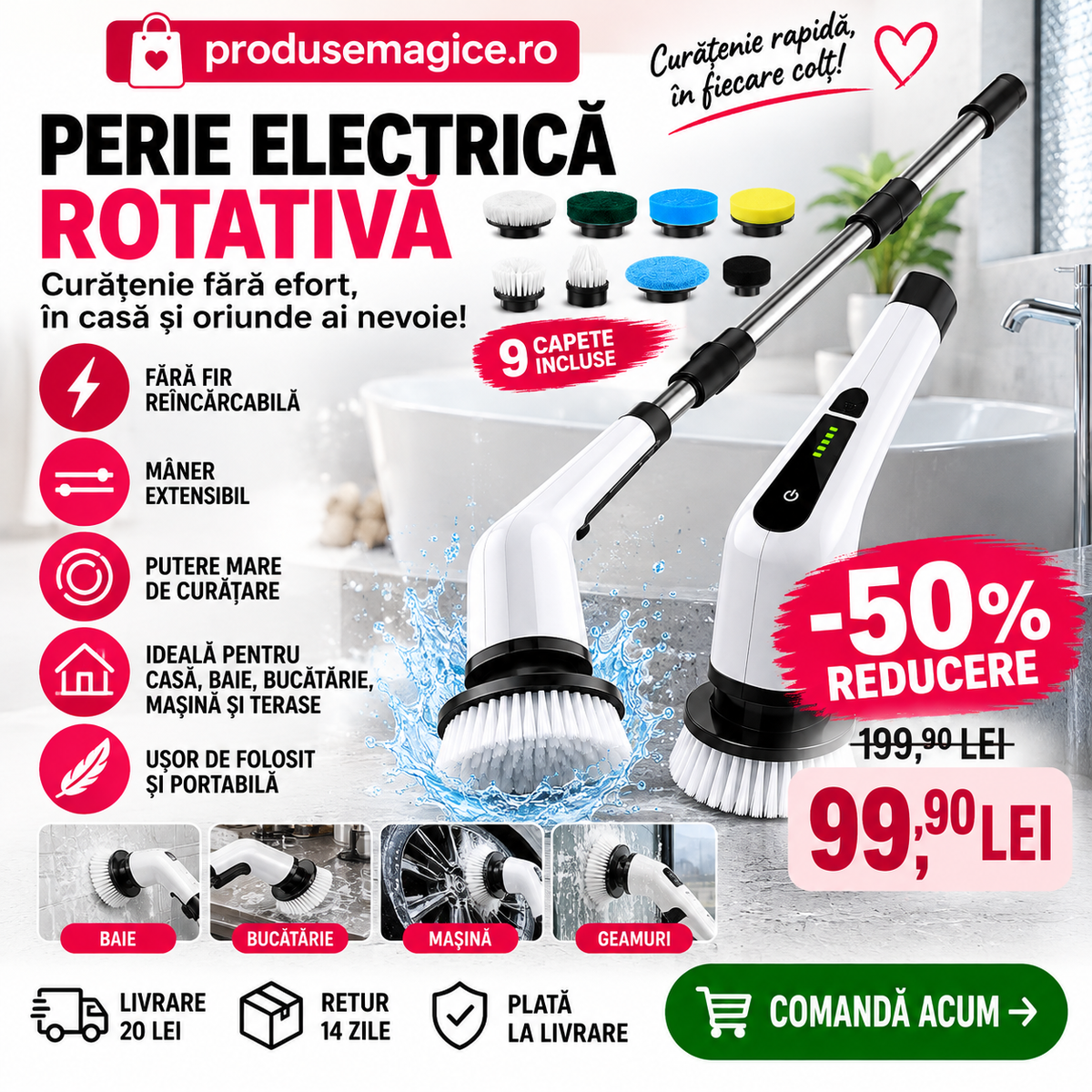 Perie electrică rotativă fără fir, cu mâner extensibil și 9 capete