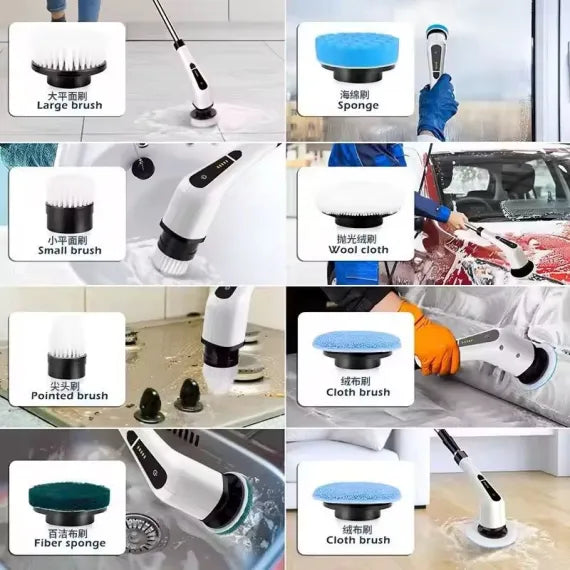 Perie Electrica Rotativa 9 in 1, 9 capete incluse, 2 viteze, pentru curatare pete dificile, maner reglabil si detasabil, autonomie ridicata, indicator LED