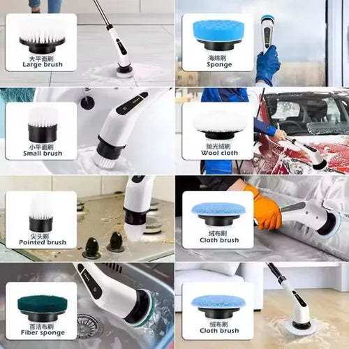 Perie Electrica Rotativa 9 in 1, 9 capete incluse, 2 viteze, pentru curatare pete dificile, maner reglabil si detasabil, autonomie ridicata, indicator LED